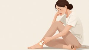 Ilustração editorial de uma mulher observando o pé, com destaque sutil para a articulação do dedão.