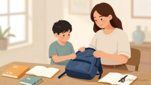 Ilustração de mãe solo e criança organizando a mochila escolar com cadernos e roupas identificadas.